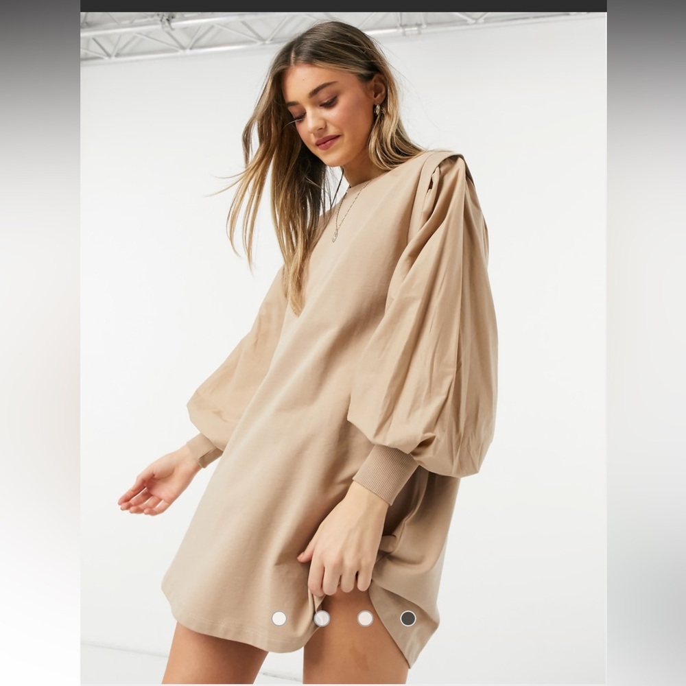 ASOS DESIGN mini sweatshirt dress with puff sleeves in camel